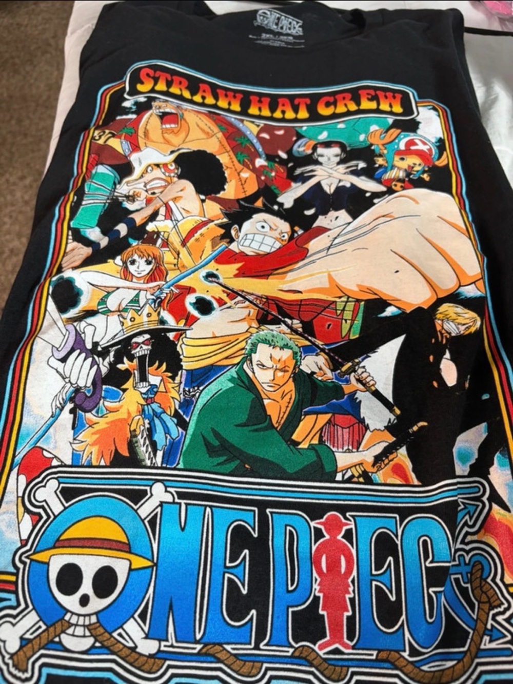 Onepiece Black Straw Hat Crew Graphic Tee with Multicolor Anime Print